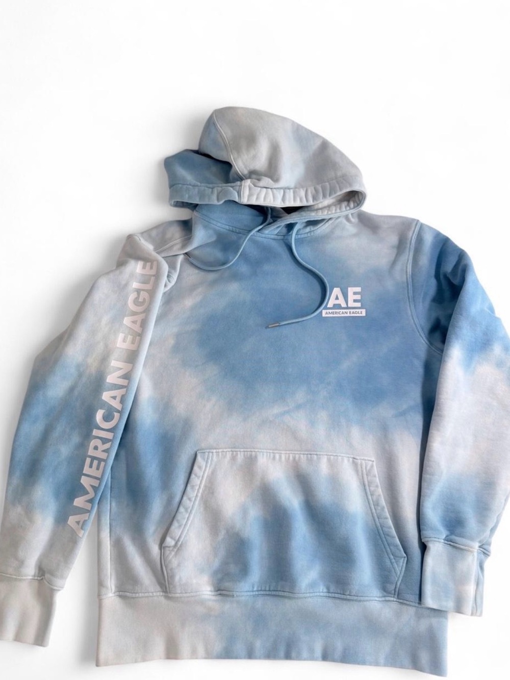 American Eagle Outfitters Blue and White Tie-Dye Hooded Crewneck Sweatshirt